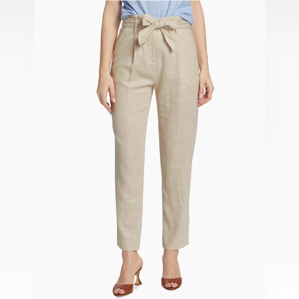 NWT Veronica Beard Zelly High-Waisted Linen-Blend Silver/Cream Paper Bag Pants 2